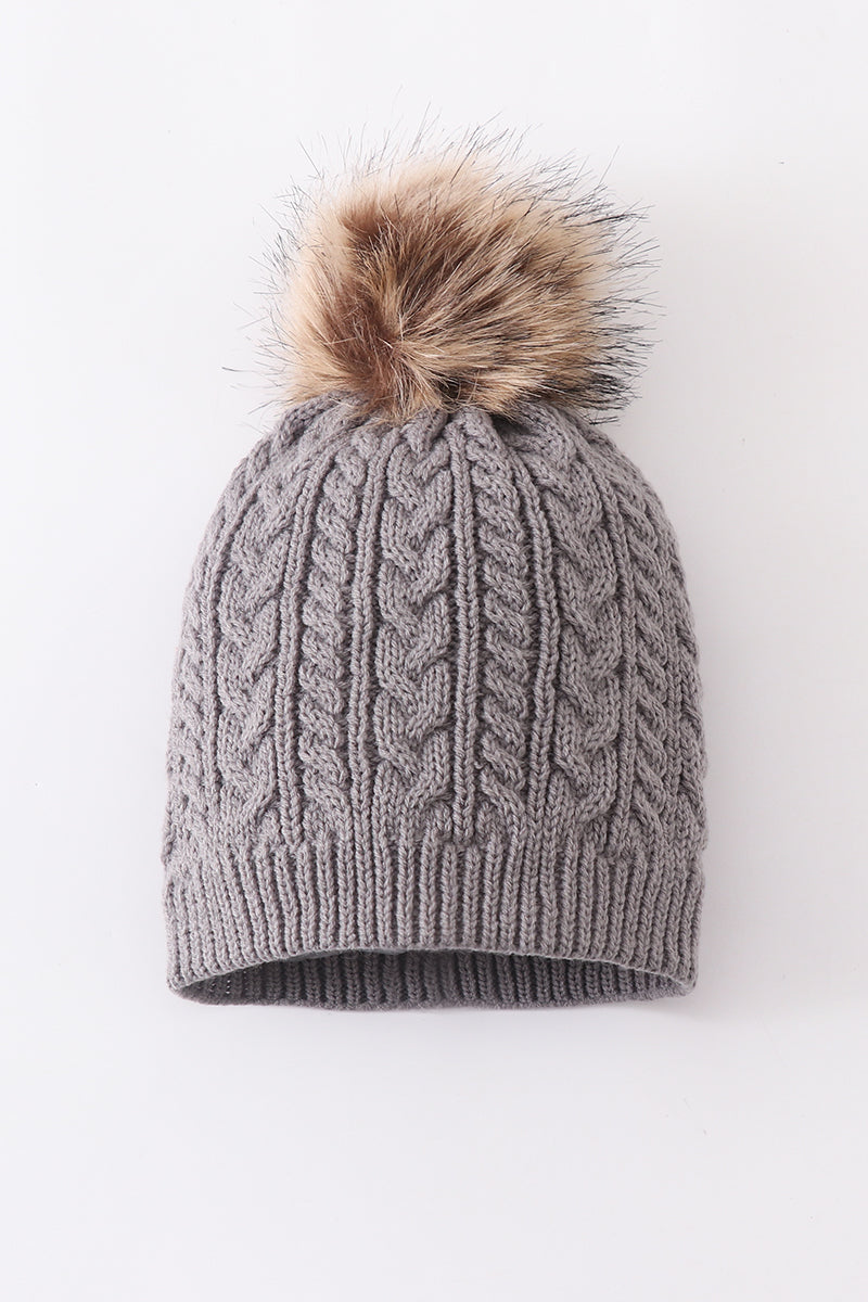 Grey Cable Knit Pom Pom Beanie Hat Baby Toddler Adult