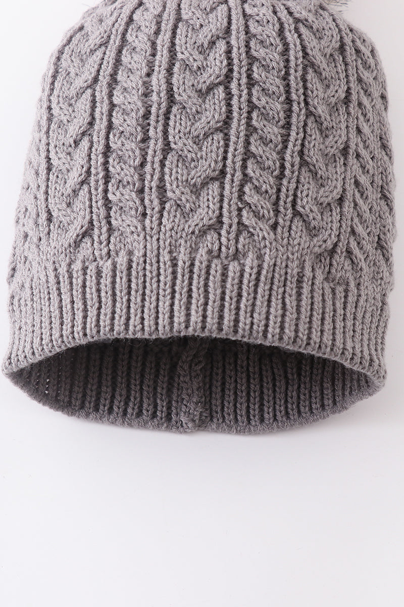 Grey Cable Knit Pom Pom Beanie Hat Baby Toddler Adult
