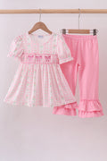 Pink floral bow smocked ruffle pants set