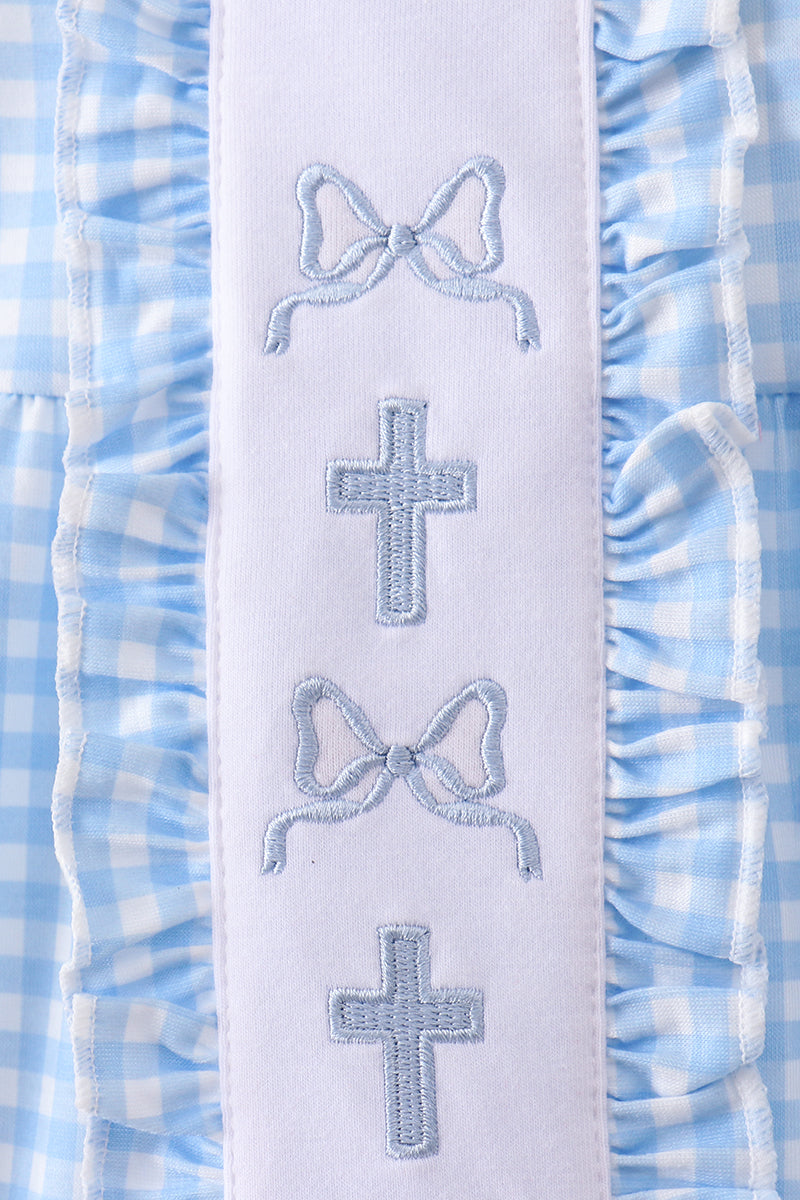Blue cross bow embroidery ruffle gingham bubble