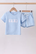 Blue cross embroidery gingham shorts set