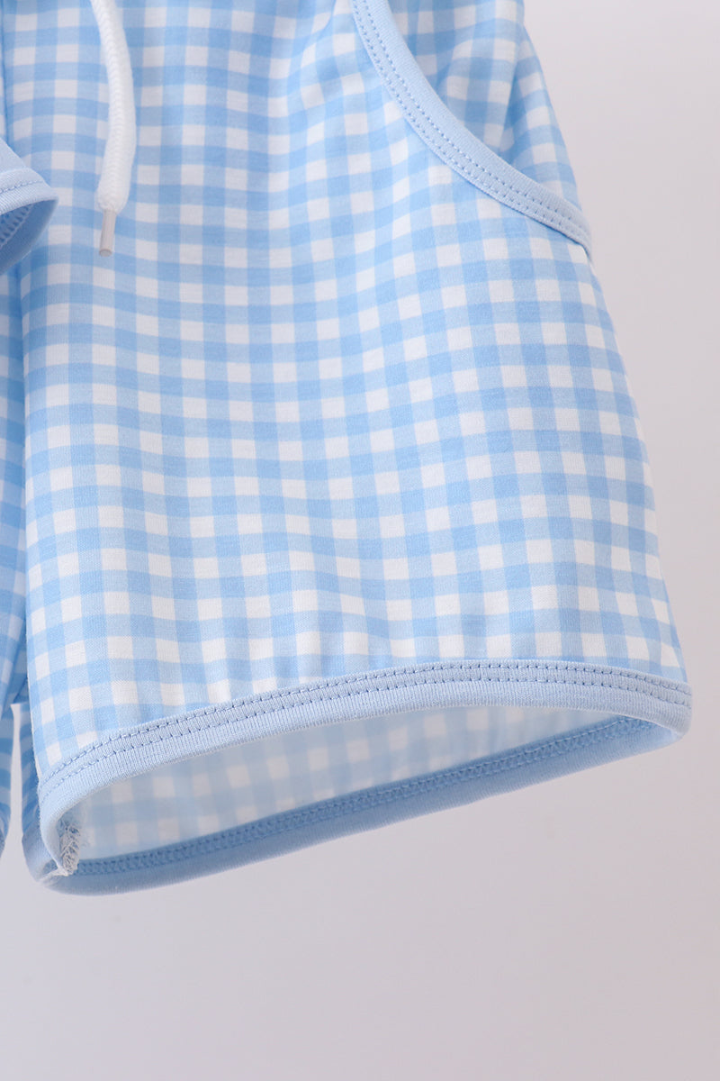 Blue cross embroidery gingham shorts set