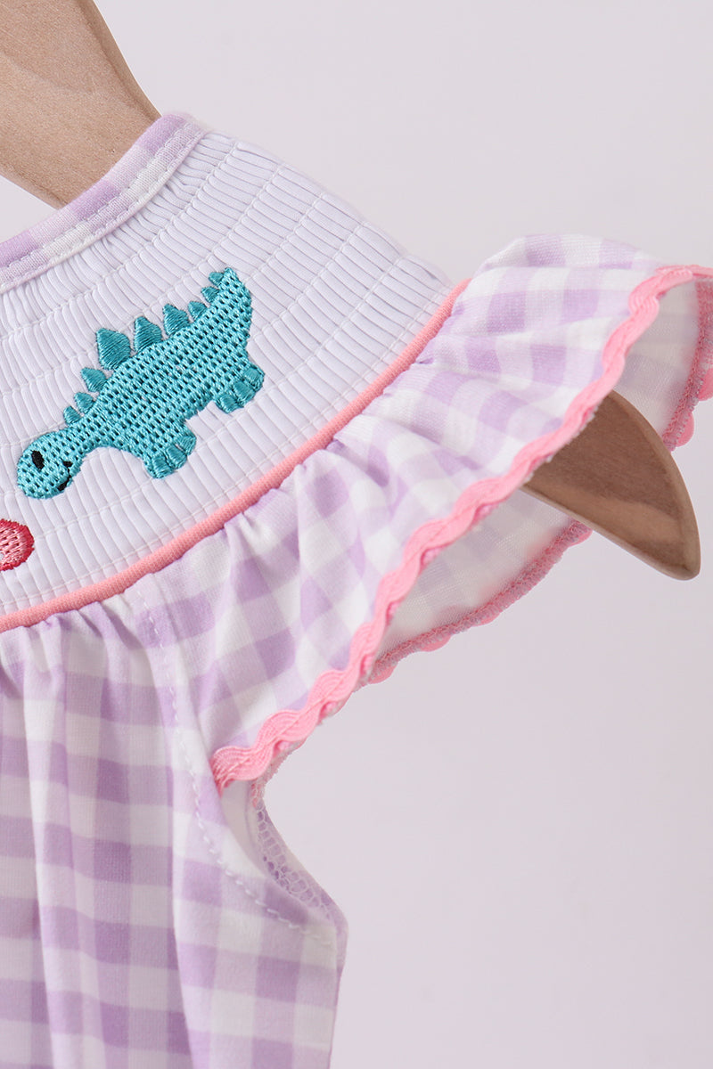 Purple dinosaur smocked gingham bubble
