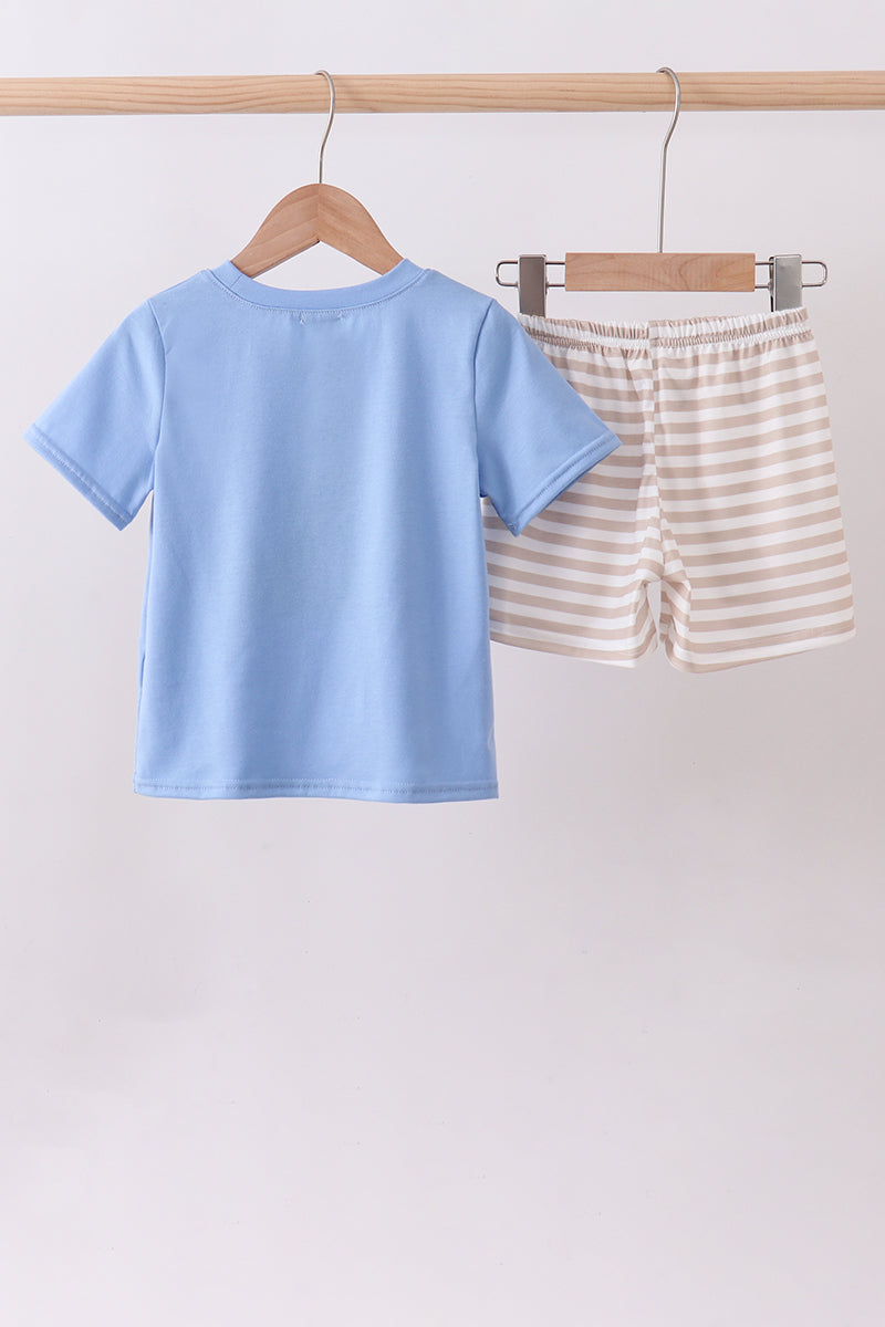 Blue puppy french knot stripe shorts set