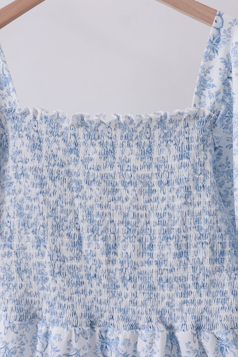 Navy smocked floral puff sleeve dress