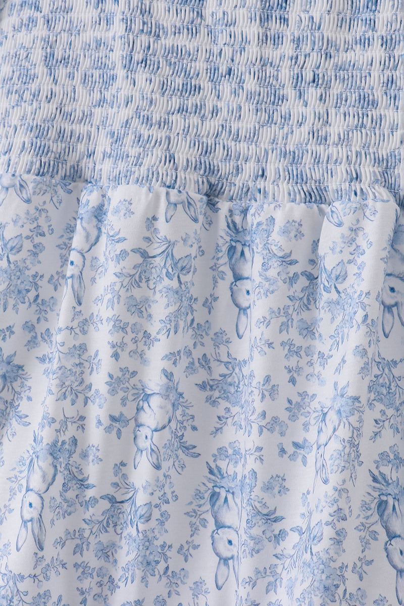 Navy smocked floral puff sleeve dress