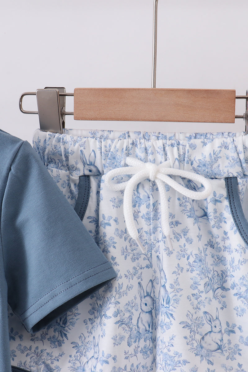 Navy bunny embroidery shorts set