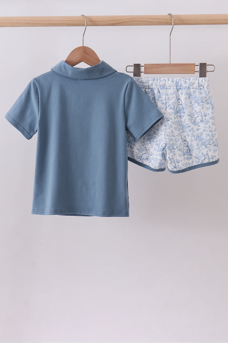 Navy bunny embroidery shorts set