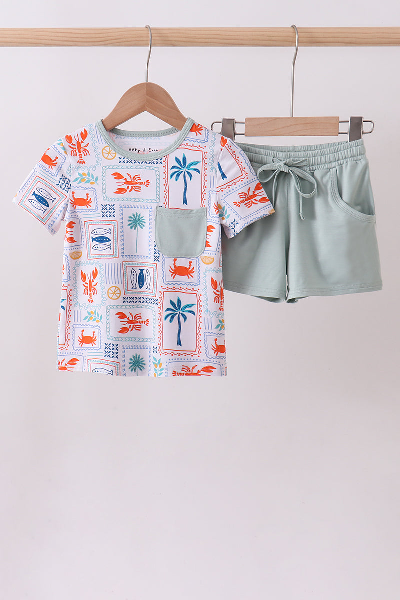 Coconut trees lobsters print bamboo pajama set