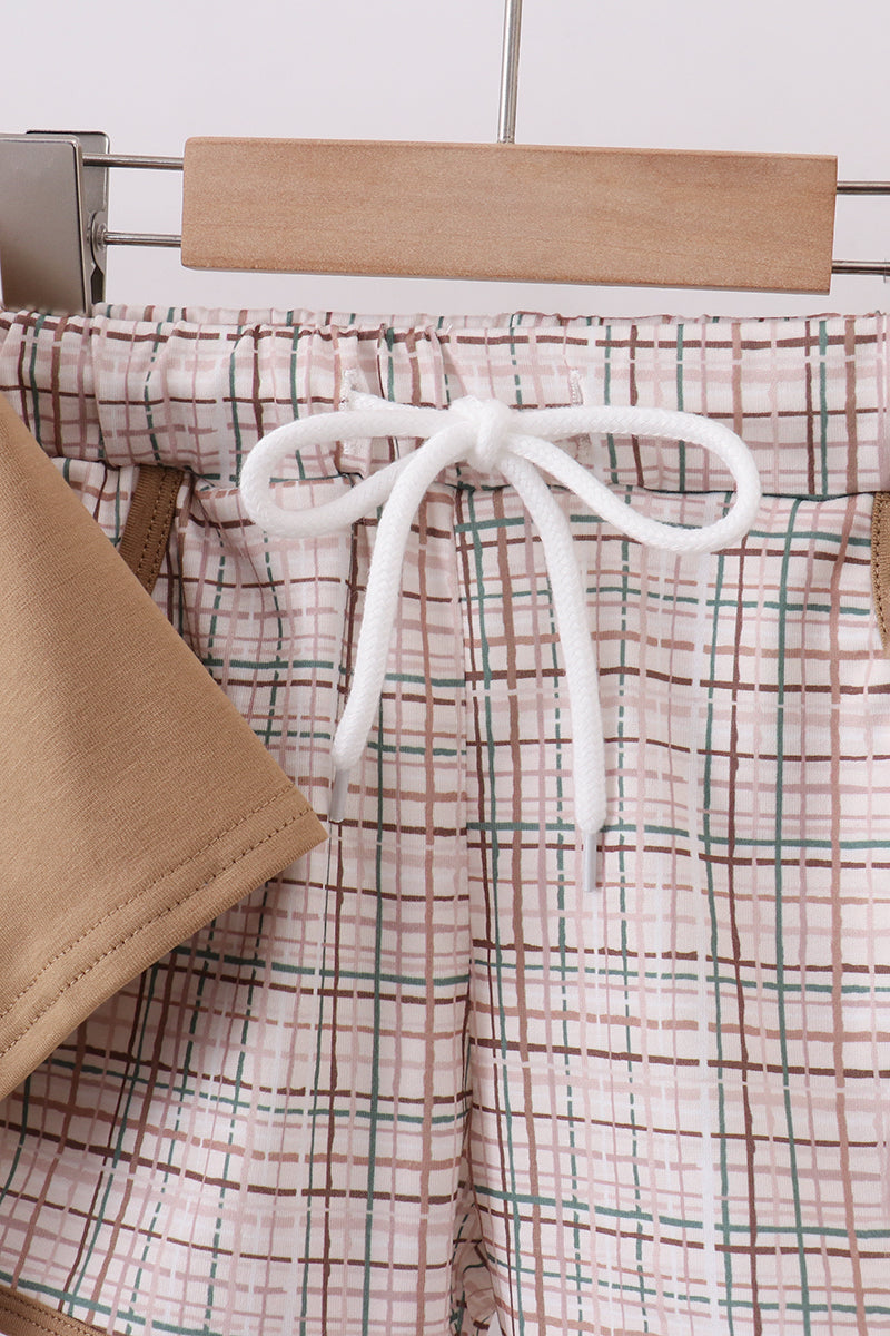 Brown plaid bunny applique shorts set