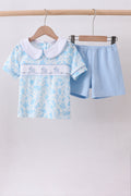 Blue bunny smocked peter pan collar shorts set