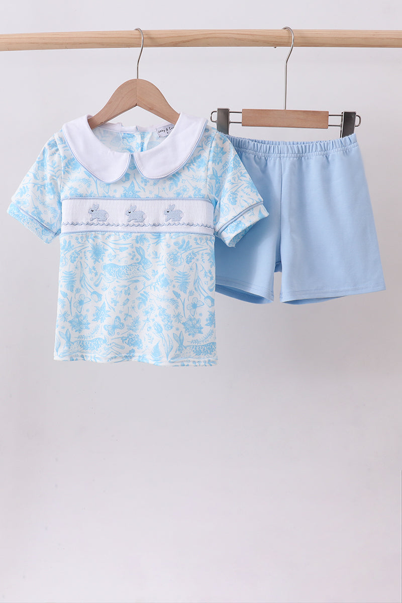 Blue bunny smocked peter pan collar shorts set