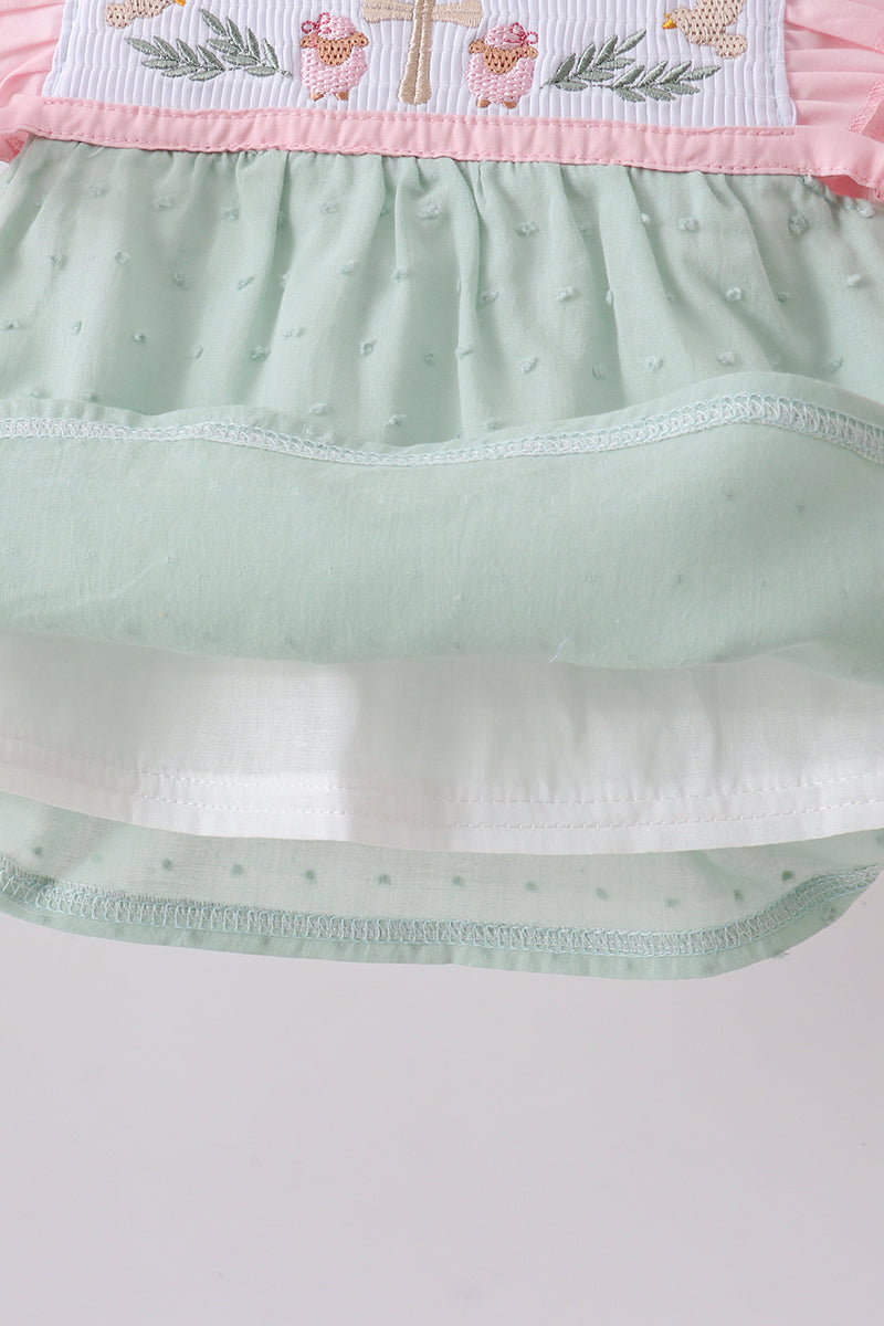 Green swiss dot cross sheep ruffle bloomer set