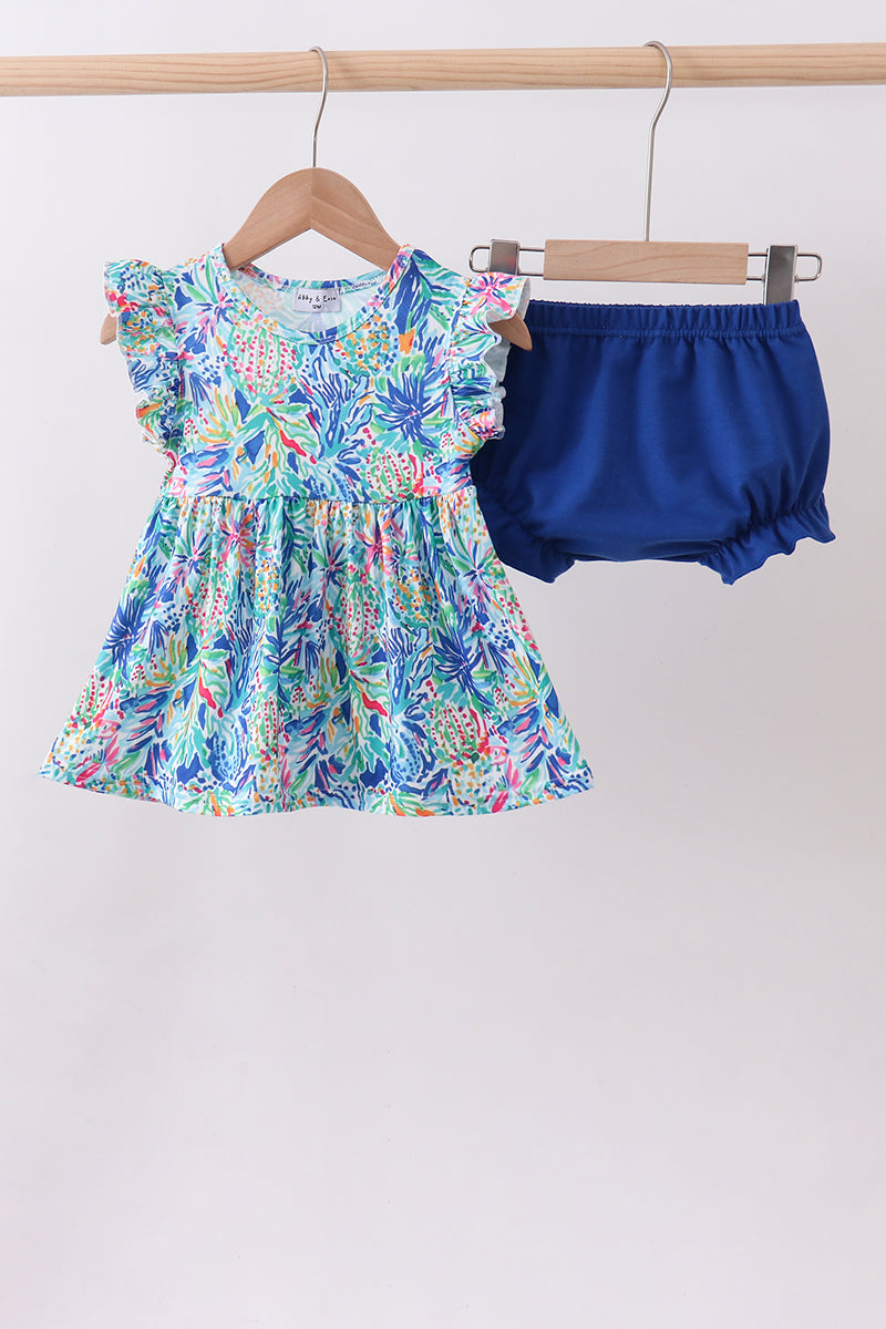 Blue floral print ruffle bloomer set
