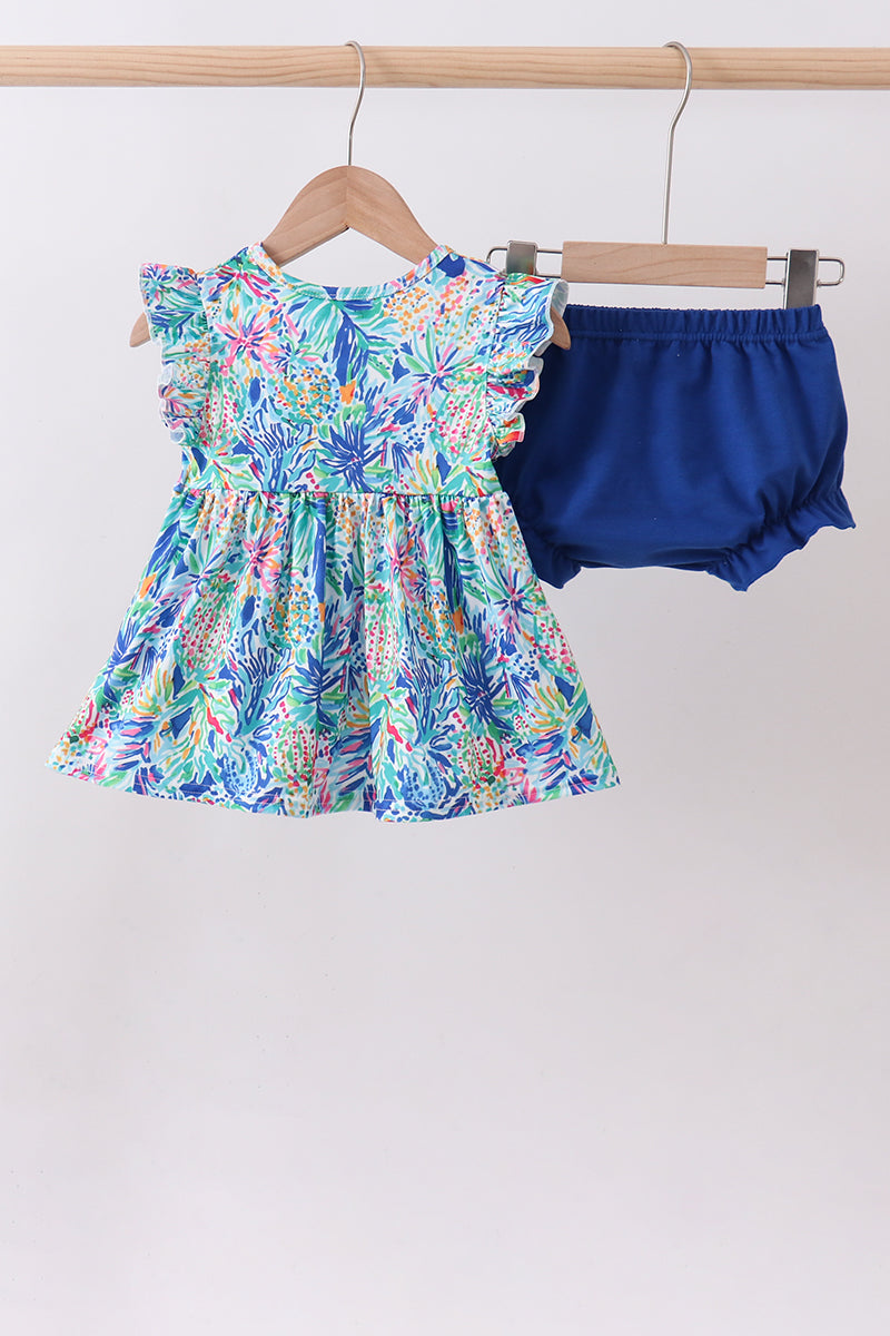 Blue floral print ruffle bloomer set