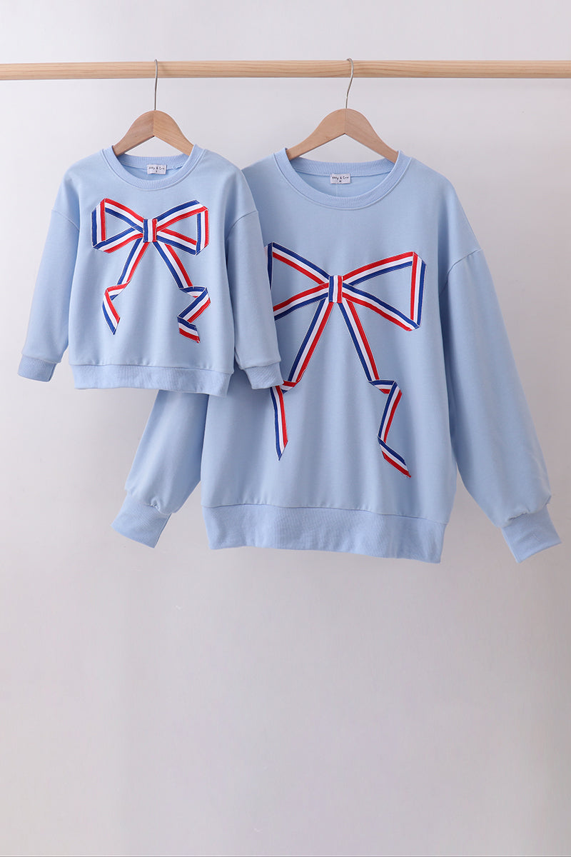 Blue Patriotic hand-sewn bow mom&me sweatshirt