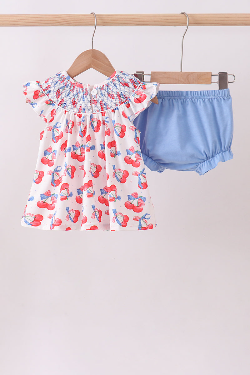 Blue cherry smocked bloomer set