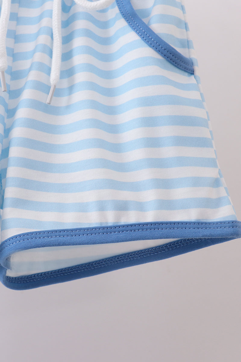 Blue flag embroidery shorts set