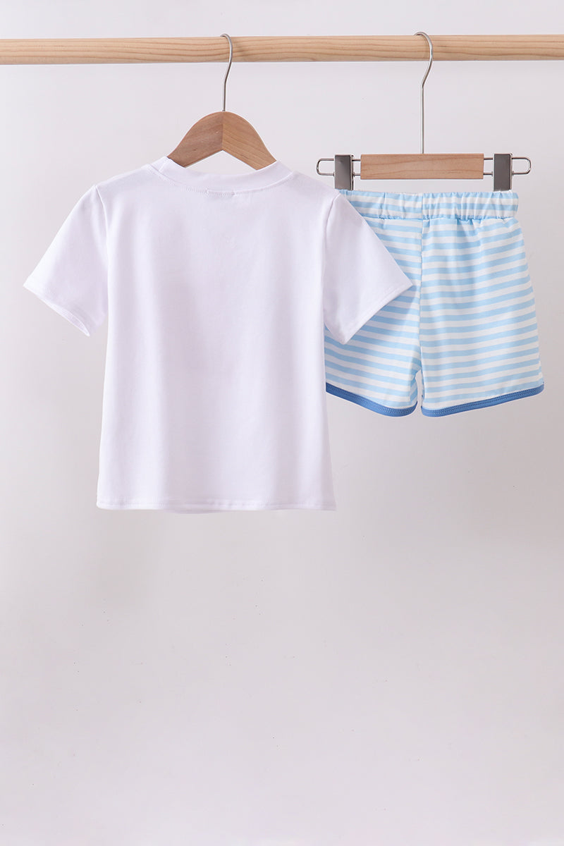 Blue flag embroidery shorts set