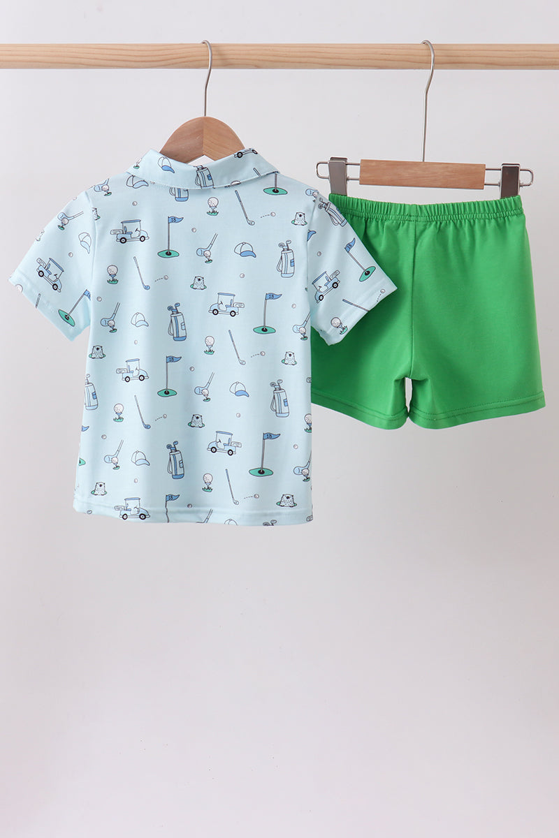 Green golf print shorts set
