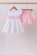 White Bow Smocked Jacquard Ruffle Shorts Set