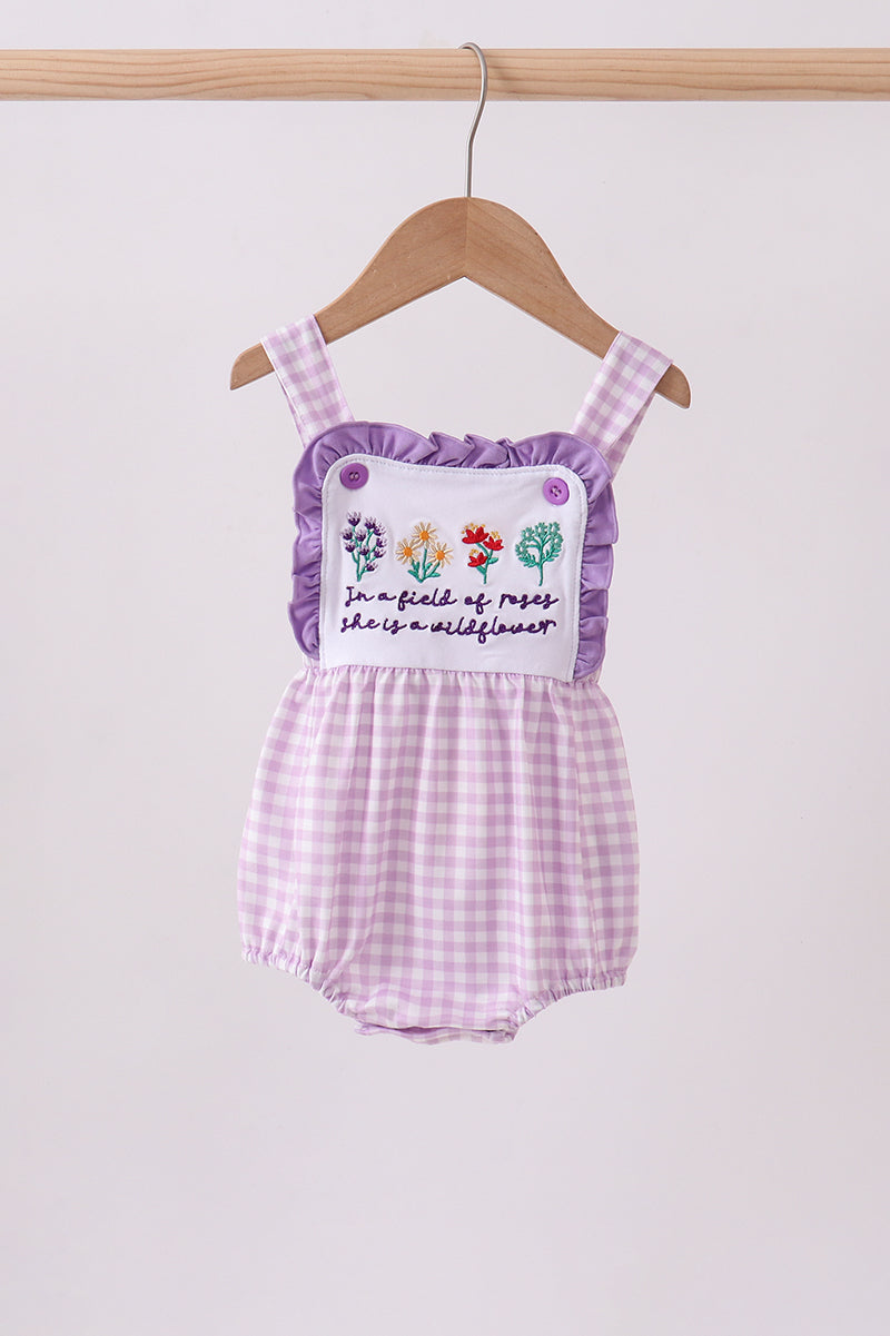 Purple floral embroidery gingham ruffle bubble