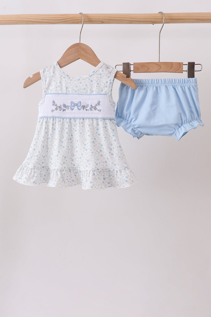 Blue Floral Smocked Ruffle Bloomer Set