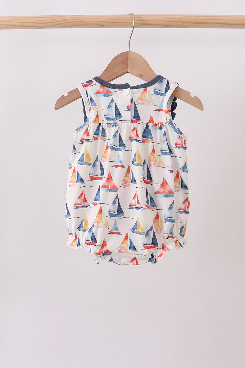 Blue Sailboat Embroidered Ruffle Bubble