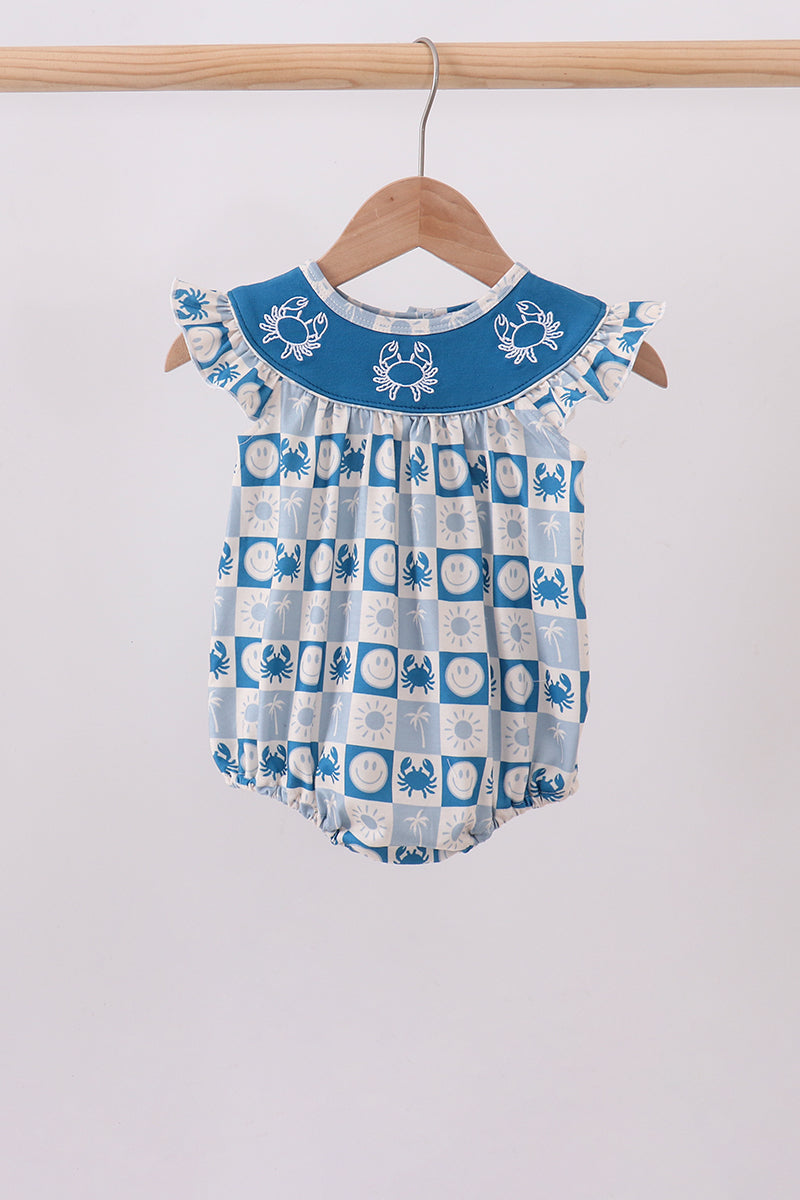 Blue Crab Embroidered Checkered Ruffle Bubble