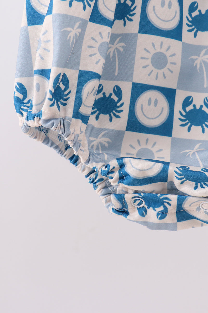 Blue Crab Embroidered Checkered Ruffle Bubble