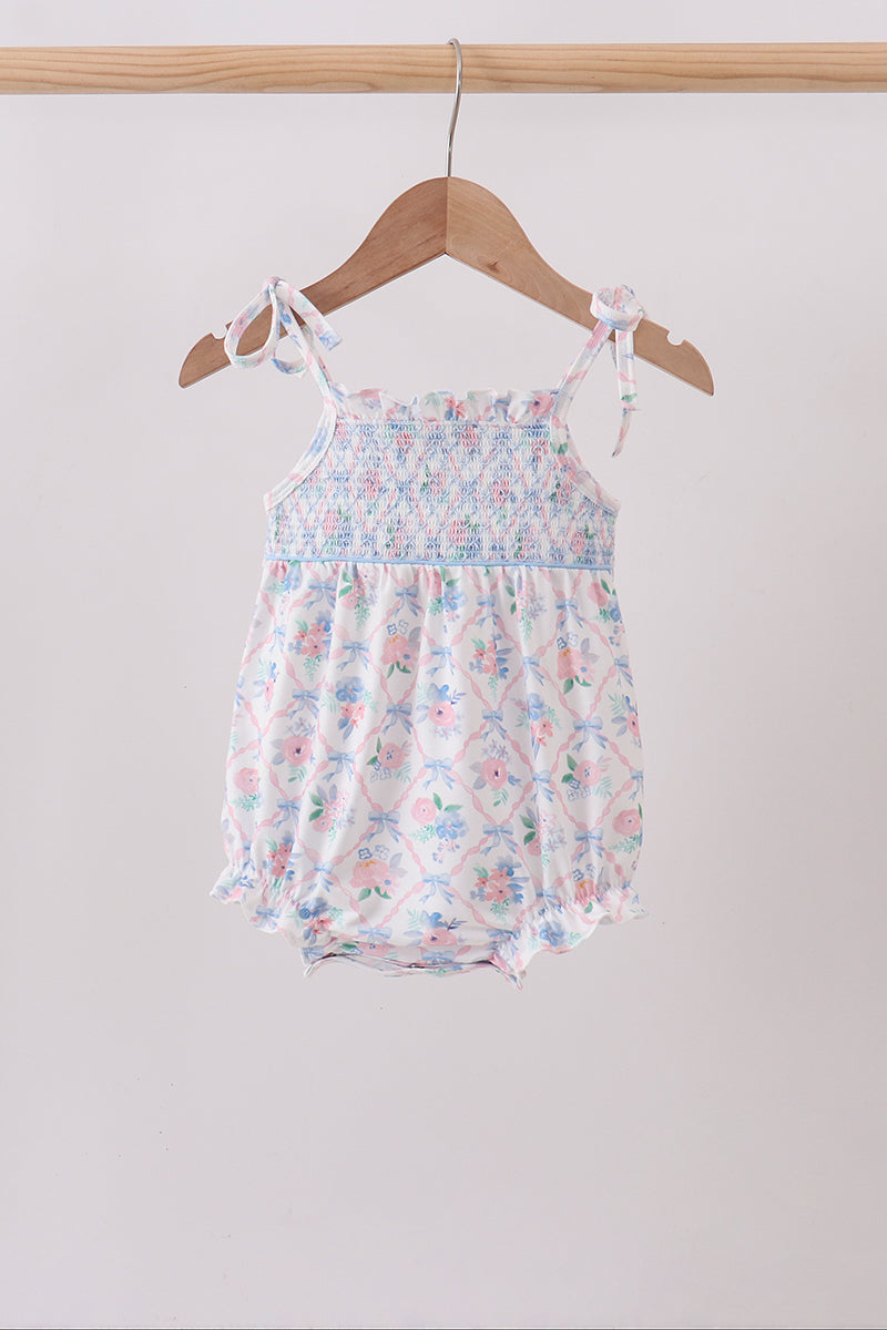 Blue Floral Smocked Bubble