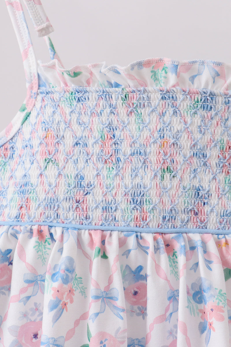 Blue Floral Smocked Bloomer Set