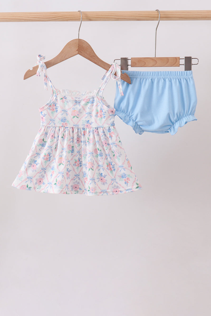 Blue Floral Smocked Bloomer Set
