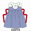 Navy Apple Embroidered Gingham Dress