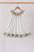 Sage Pumpkin Embroidery Bow Ruffle Dress