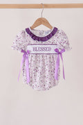 Purple floral blessed smocked ruffle bubble