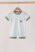 Sage pumpkin embroidery gingham romper
