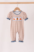 Brown turkey pumpkin embroidery gingham ruffle romper