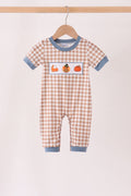 Brown turkey pumpkin embroidery gingham romper