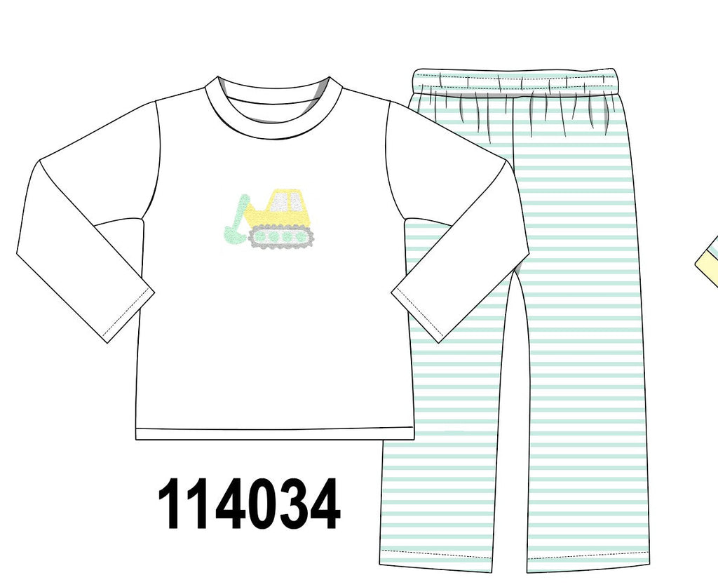 Green excavator french knot stripe pants set