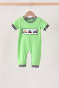 Green car embroidery checkered romper