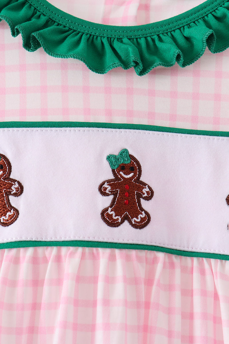 Pink Plaid Gingerbread Embroidery Ruffle Dress