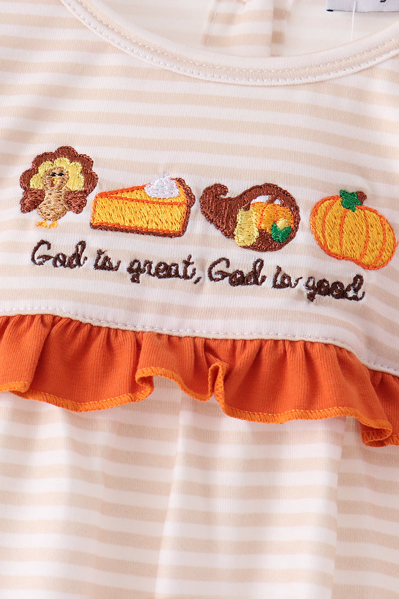 Cream turkey pumpkin embroidery ruffle bloomer set