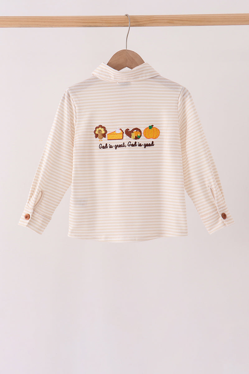 Cream turkey pumpkin embroidery button down shirt