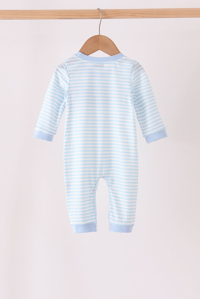 Blue turkey embroidery stripe romper