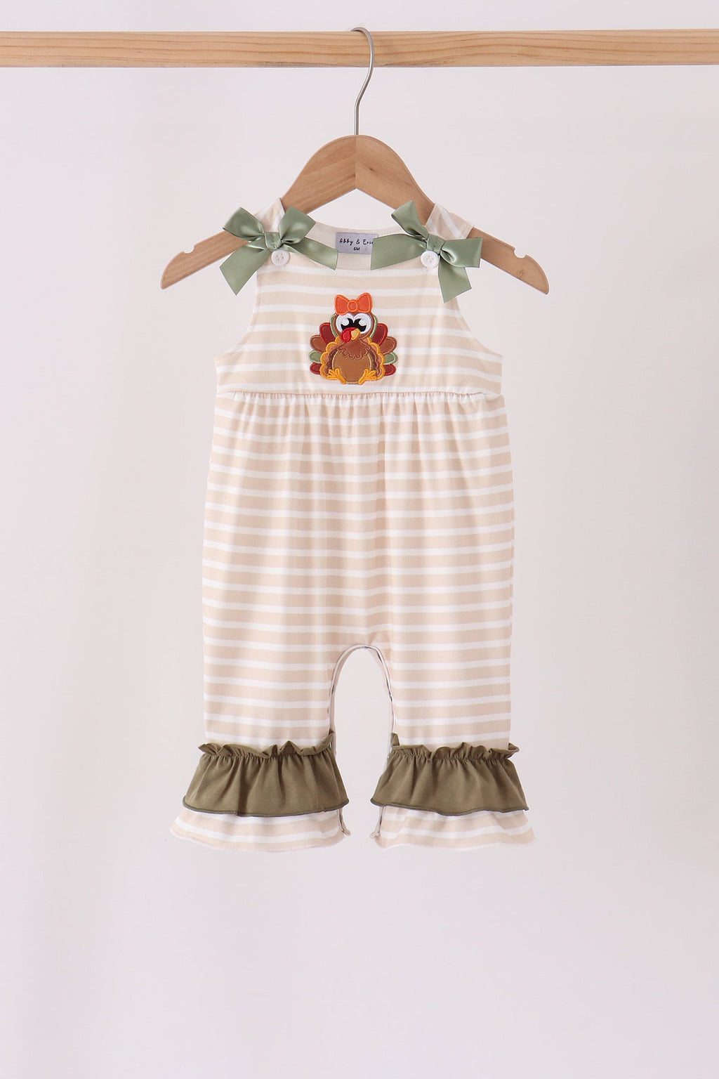 Olive turkey applique stripe ruffle romper
