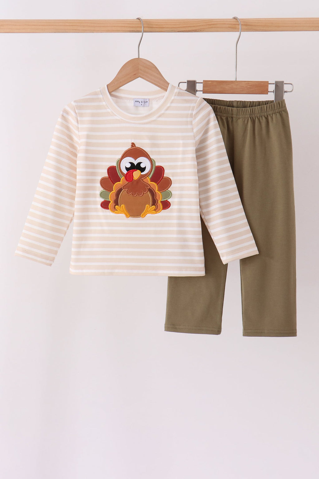 Olive turkey applique stripe pants set