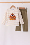 Olive turkey applique stripe pants set