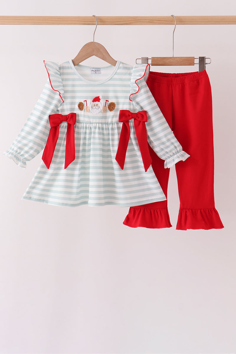 Gray stripe santa french knot ruffle pants set