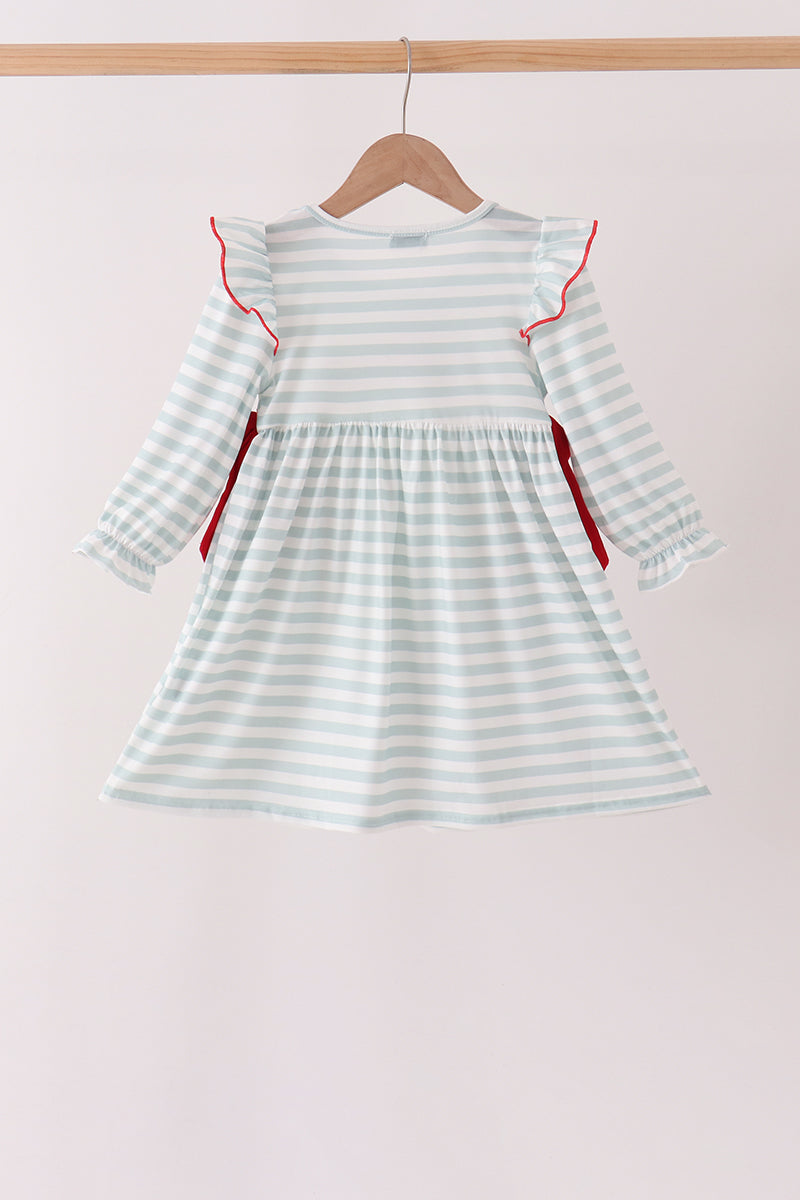 Gray stripe santa french knot ruffle dress